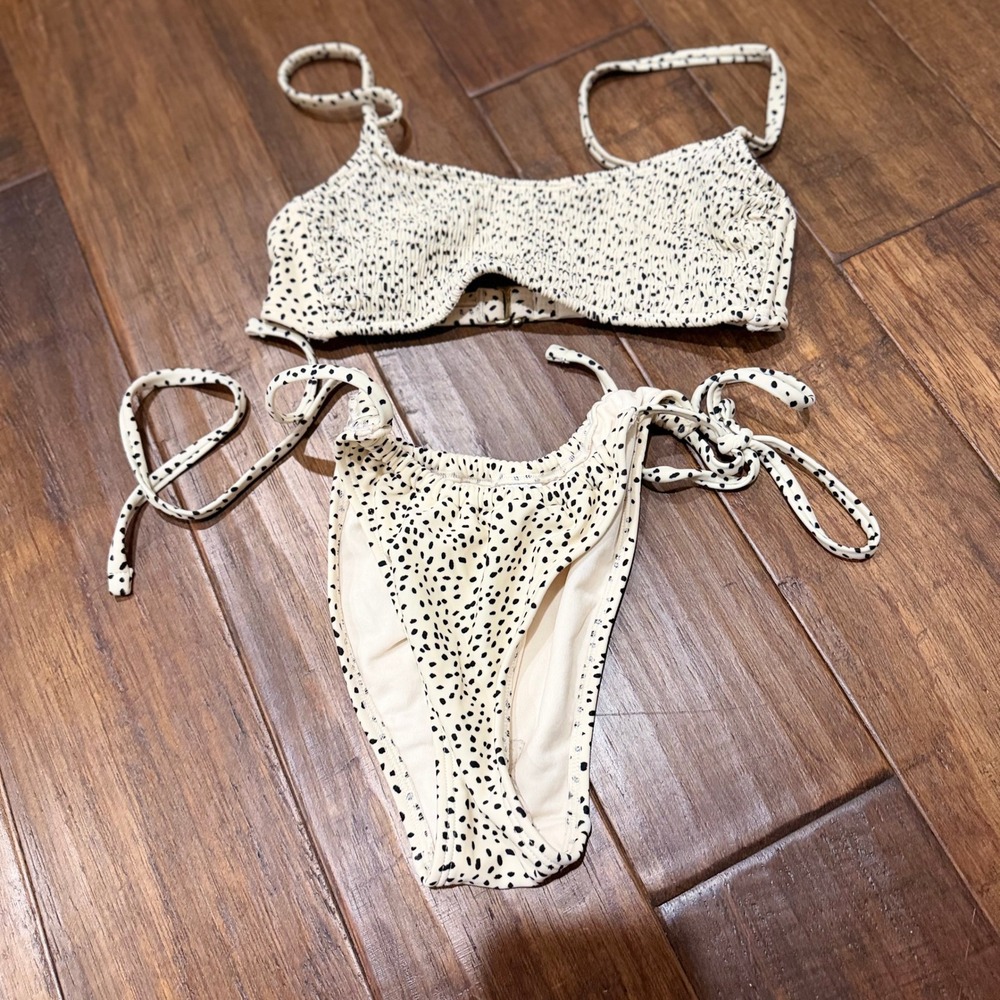 Xhilaration Womens Cream Black Dalmatian Polka Dot Smocked Bikini Set Size M‎